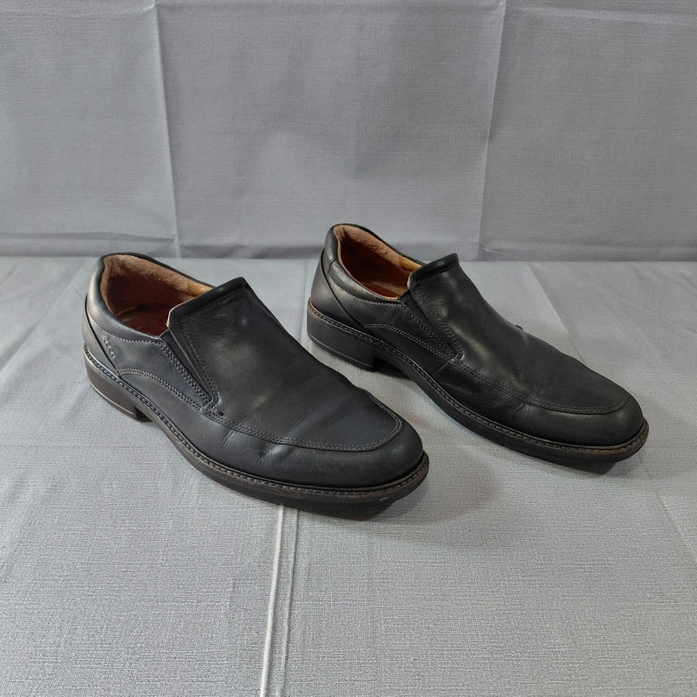 Ecco Holton Mens Leather Slip On Dress Shoe Sz 10 Apron Toe Black Leather Loafer